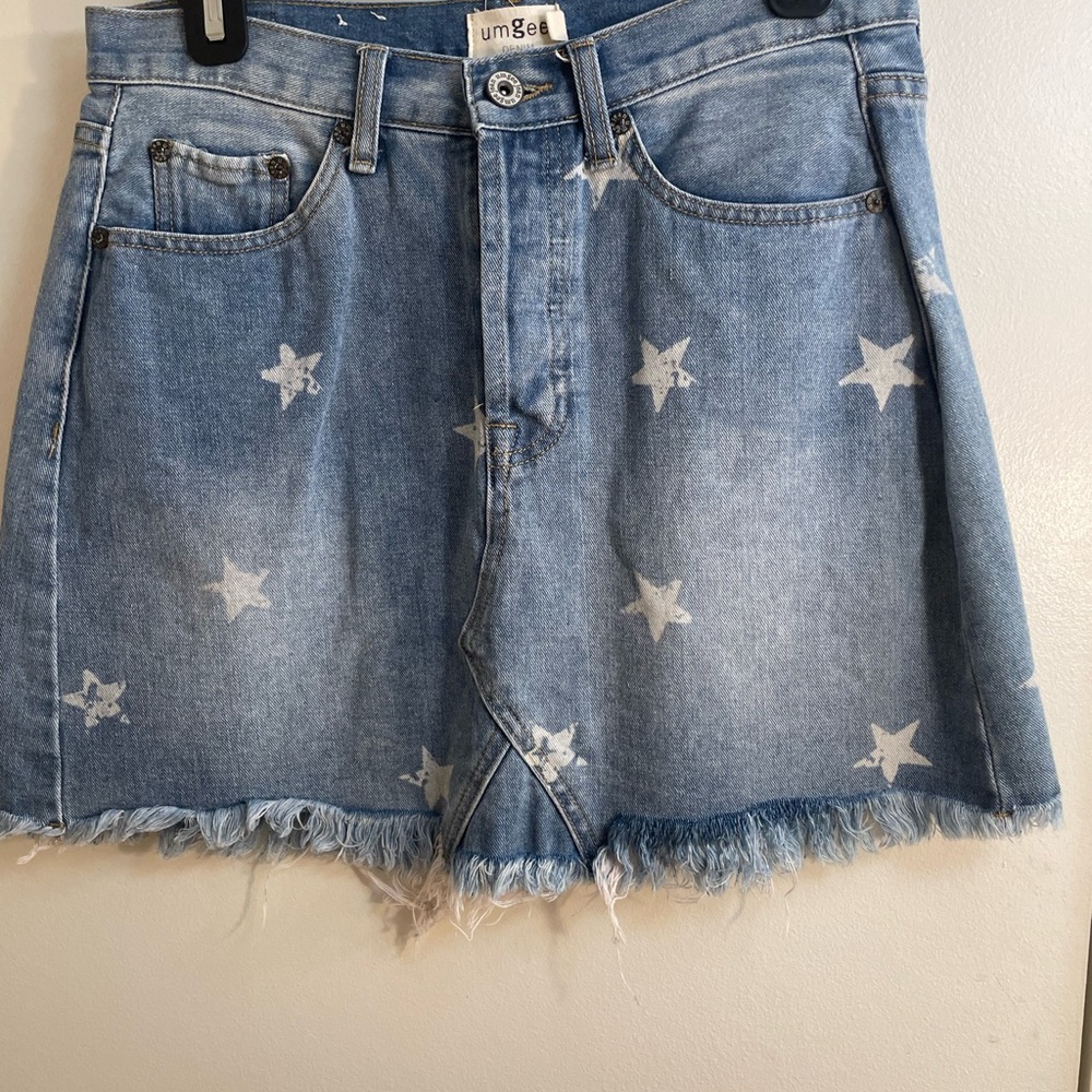 Umgee Light Blue Star Print Denim Mini Skirt